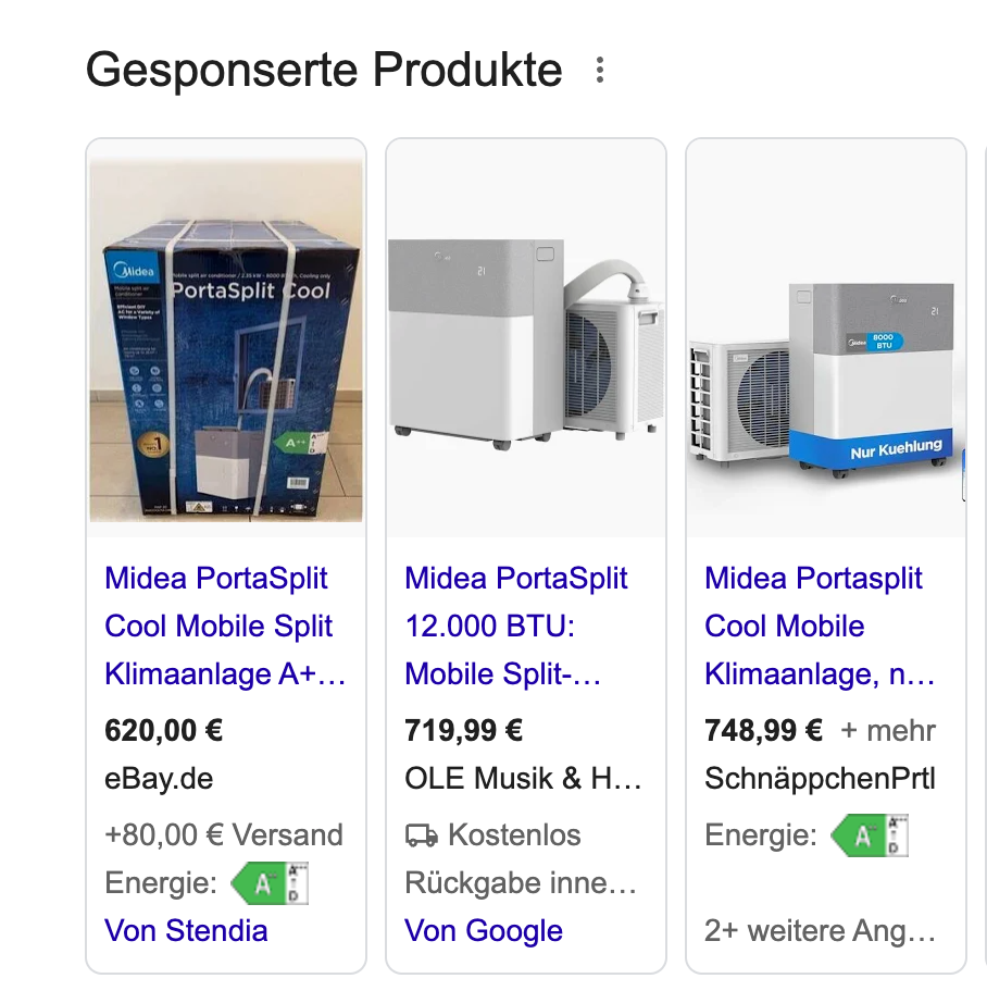 Gesponserte Google-Shopping-Anzeigen für die Midea PortaSplit mit niedrigen Preisen von verschiedenen Onlineshops